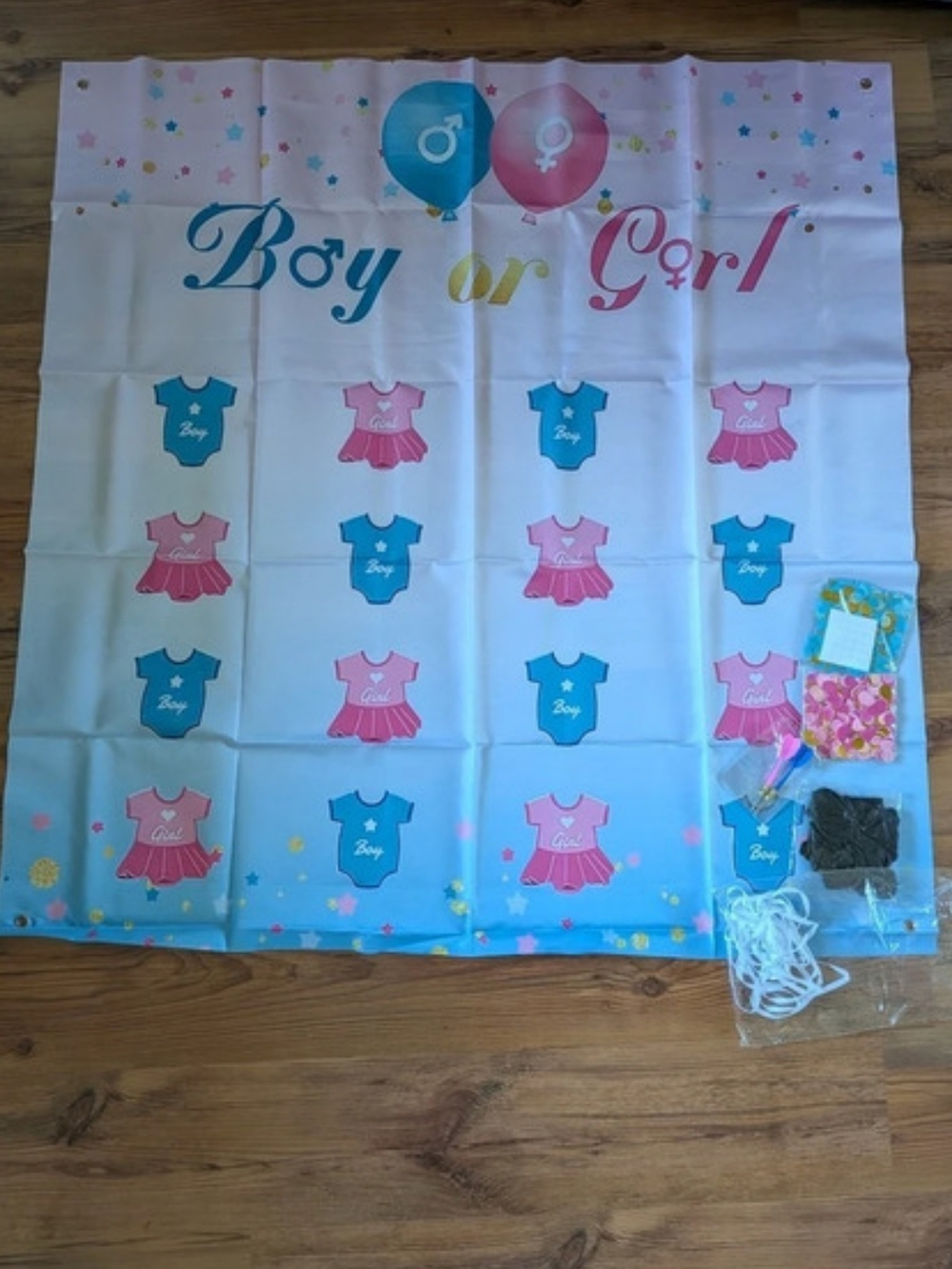 New Gender Reveal Backdrop With Black Balloons, Pink & Blue Confetti With Arrows
